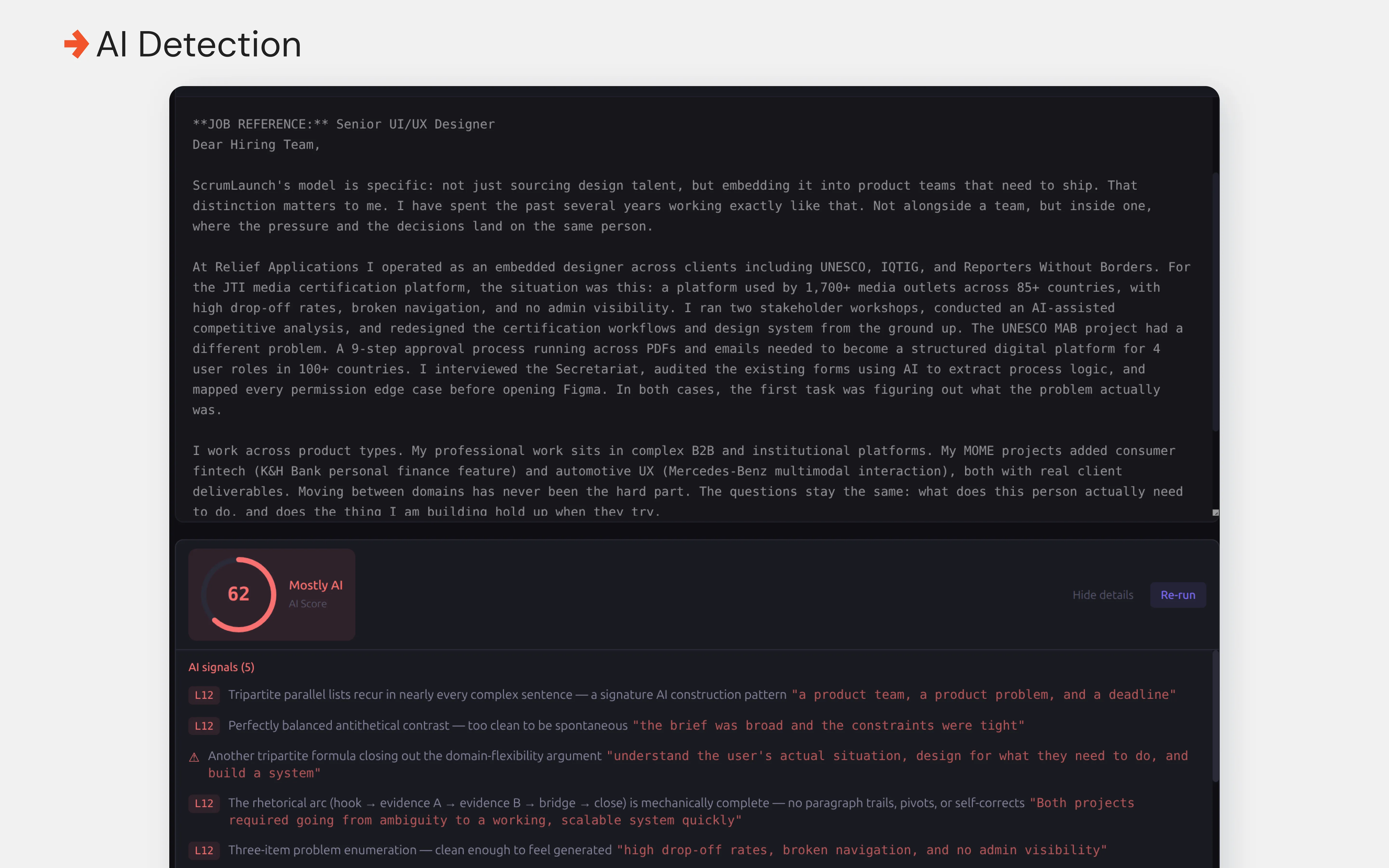 AI-detection screening applied to generated documents before export
