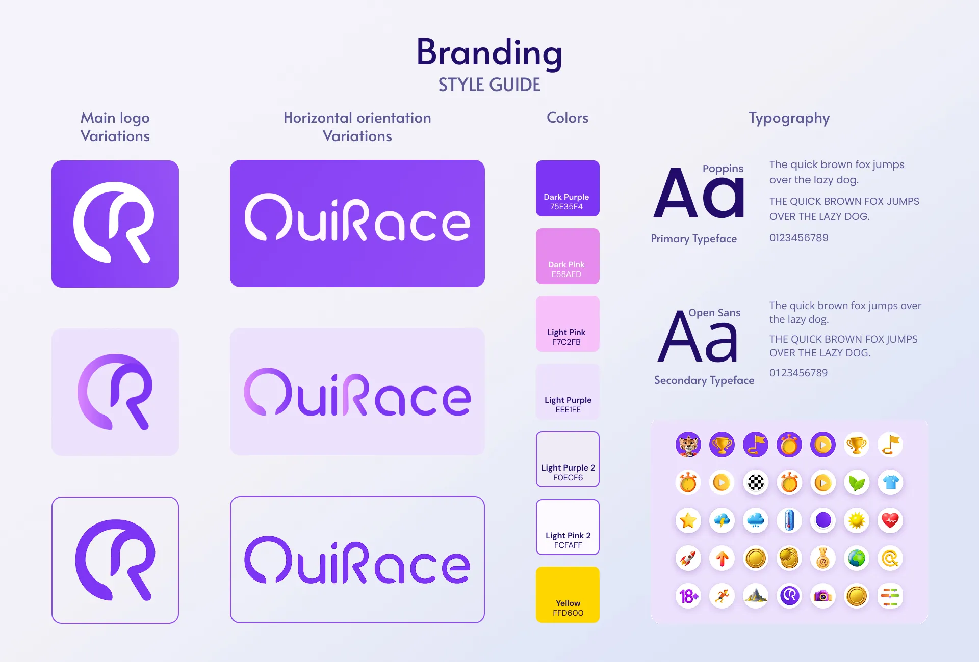OuiRace brand identity covering logo, palette, typography and the 3D mascot set