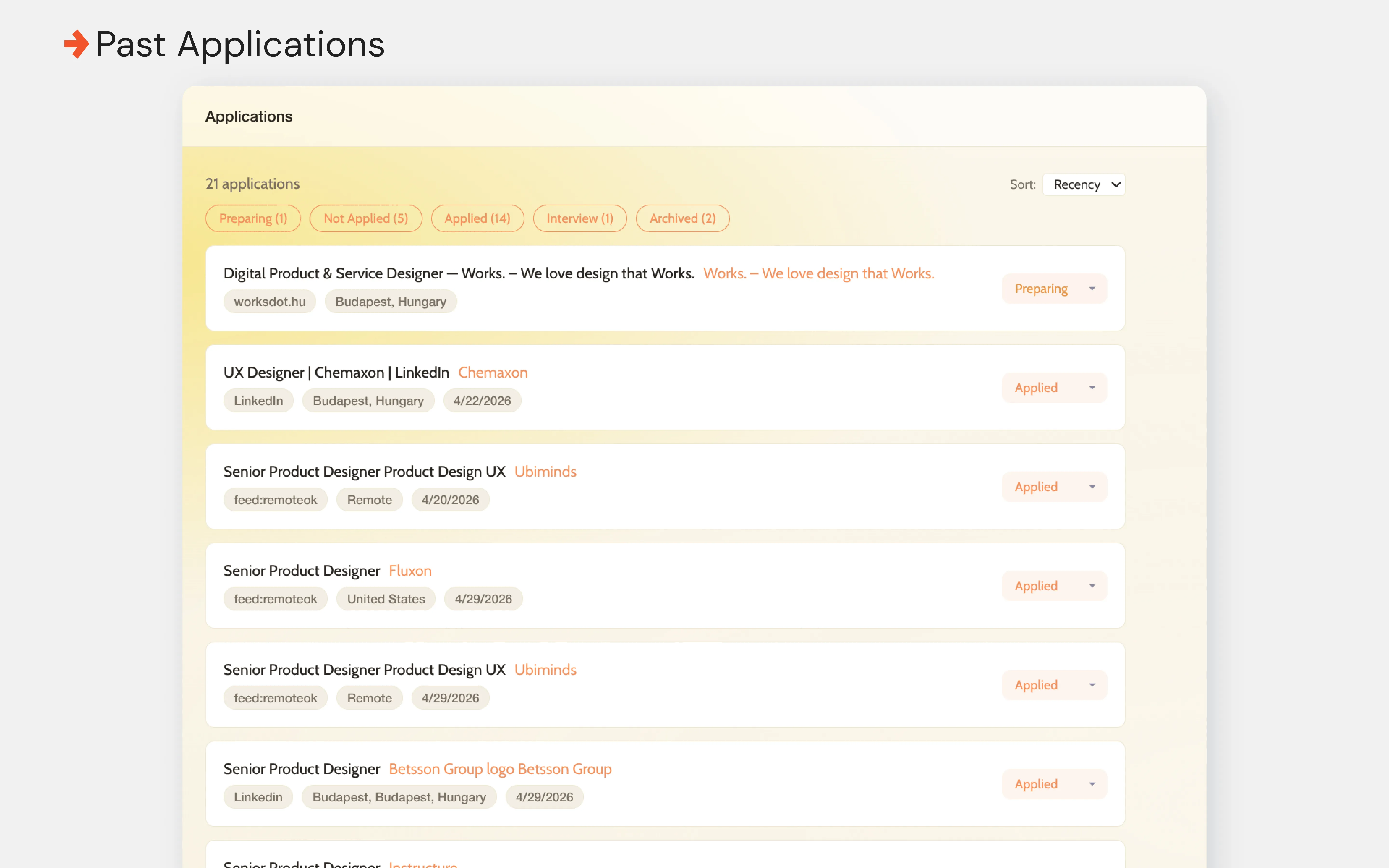 Past Applications tracking with filter pills for stage, company and date