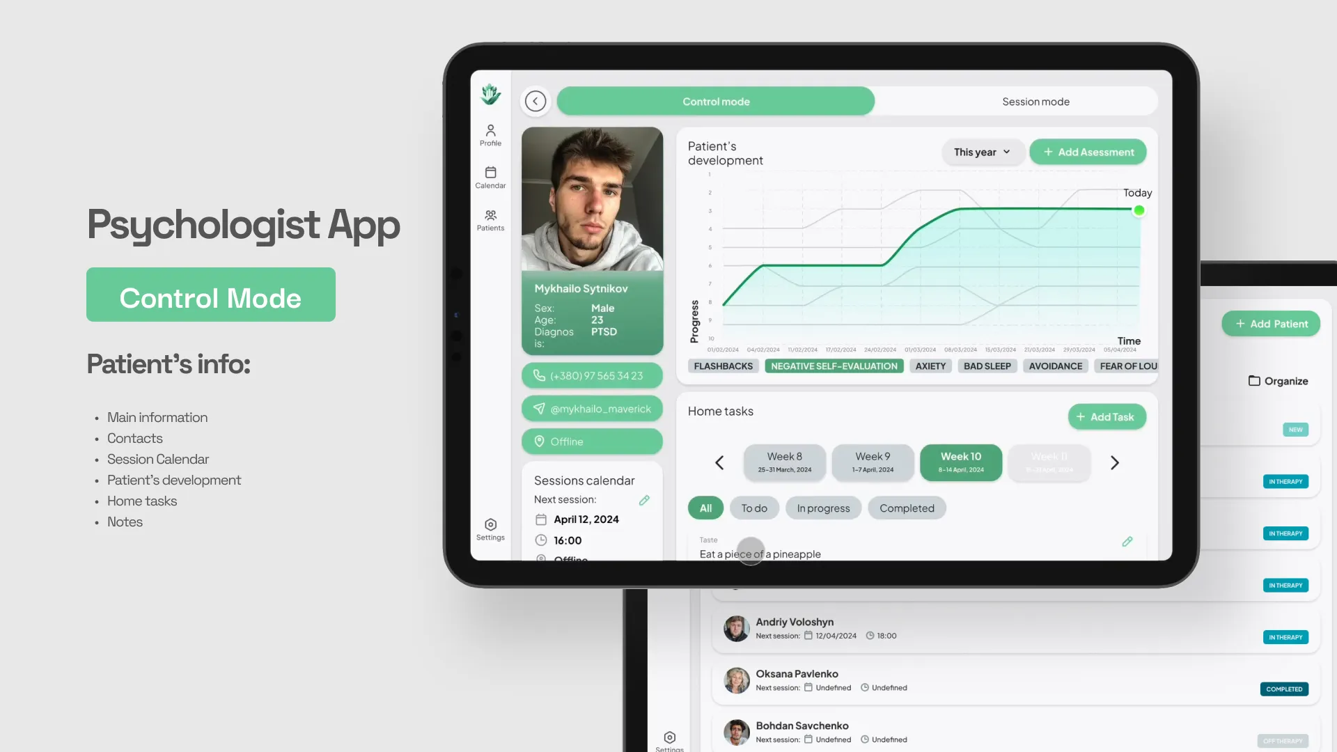 Psychologist app, patient list and session preparation