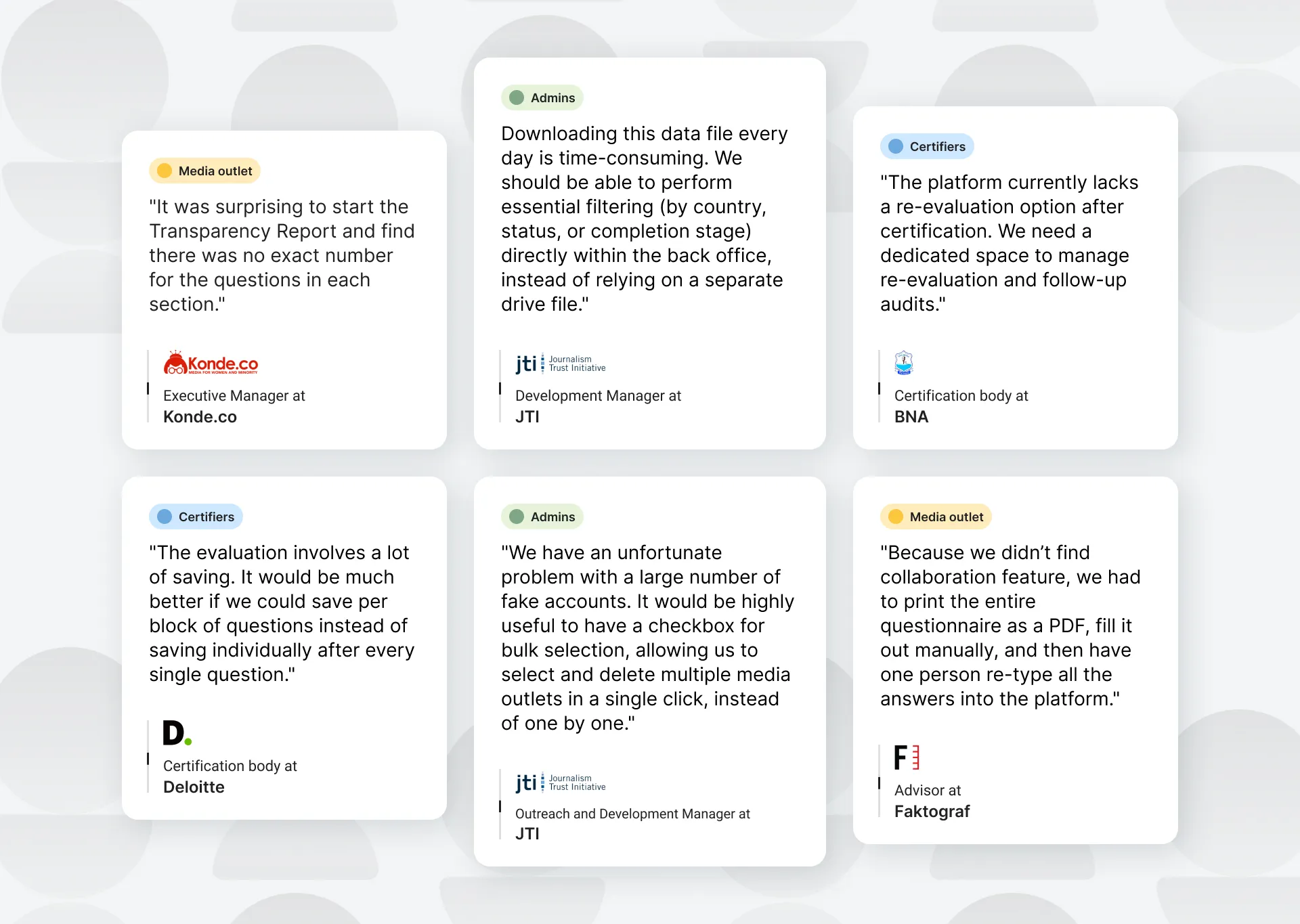 Interview quotes from media outlets, certifiers and administrators, attributed to their organisations