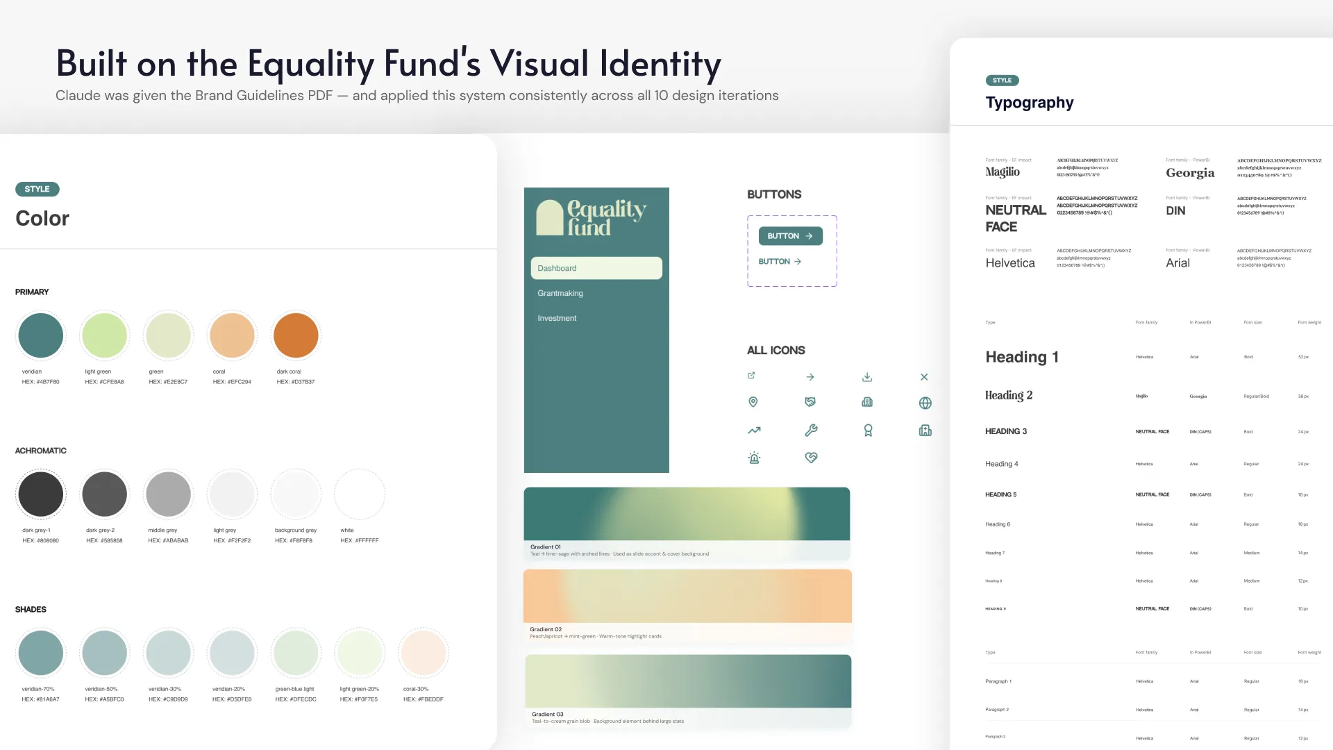 Style guide slide showing the Equality Fund palette and typography as applied to the portal