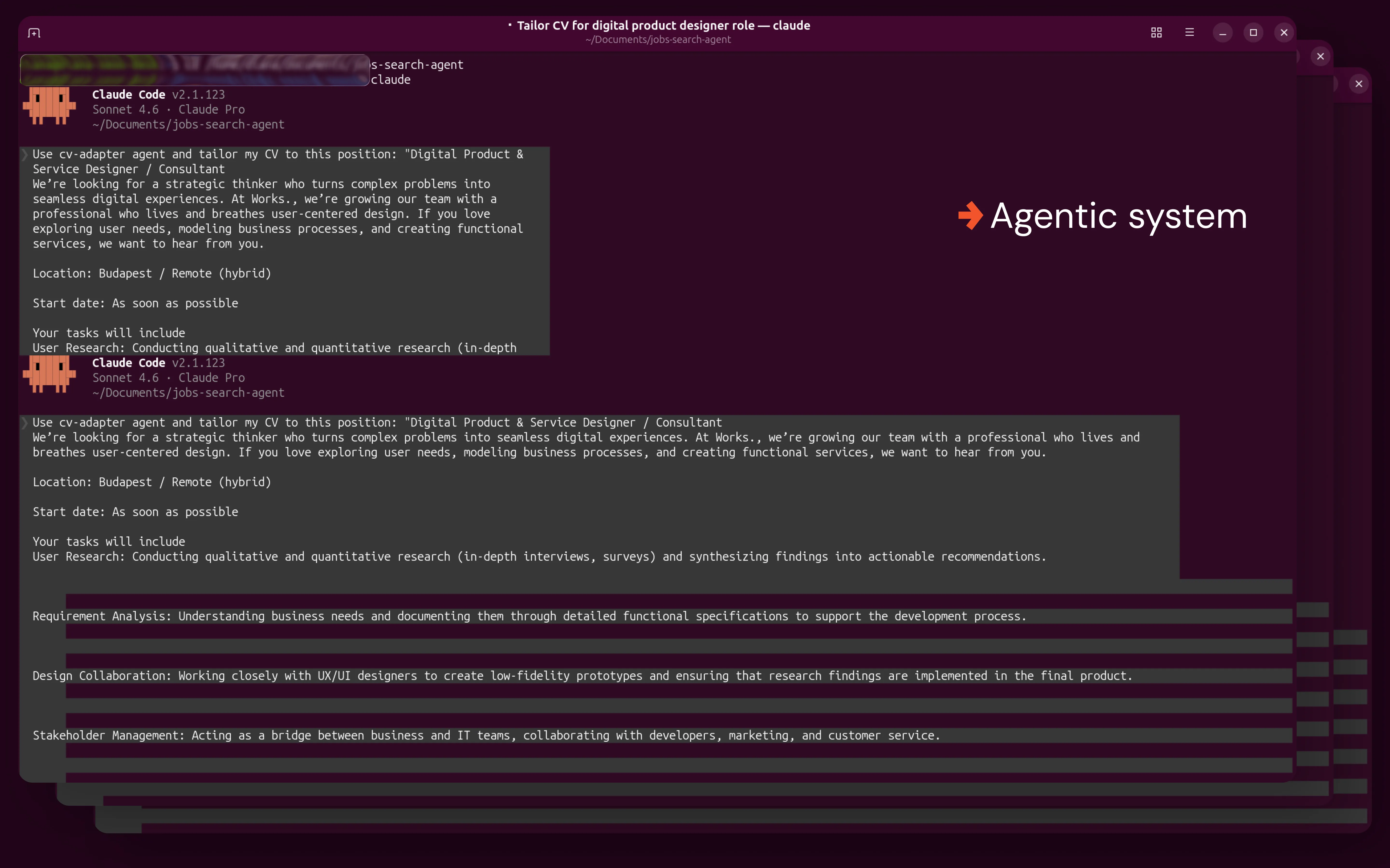 The agentic system: Claude Code running the cv-adapter agent against a real job description