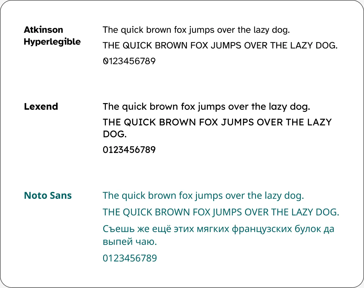 Three legible typefaces compared, with Noto Sans chosen for the platform