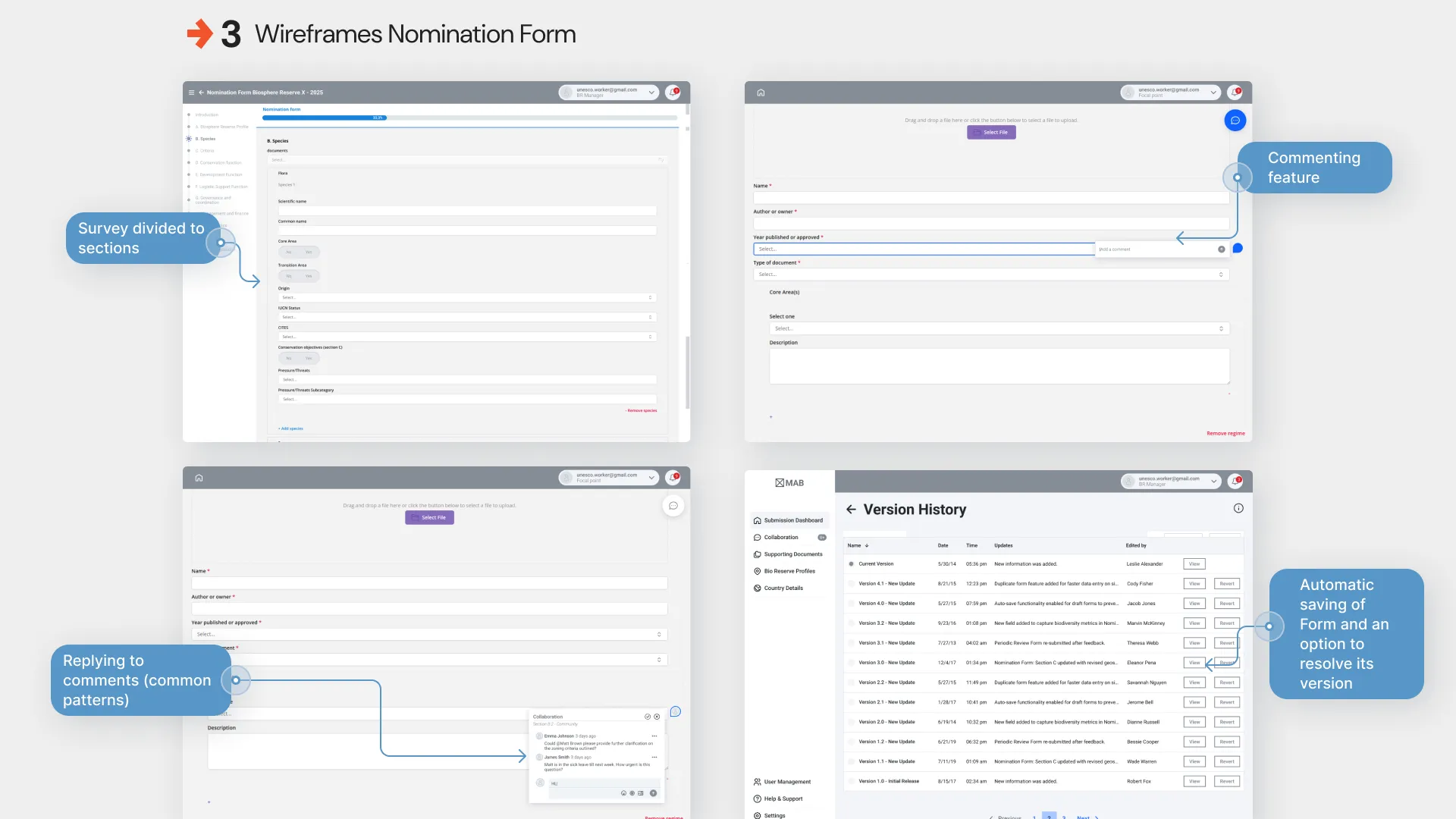 Wireframes, the nomination form: the survey split into sections, inline commenting and version history