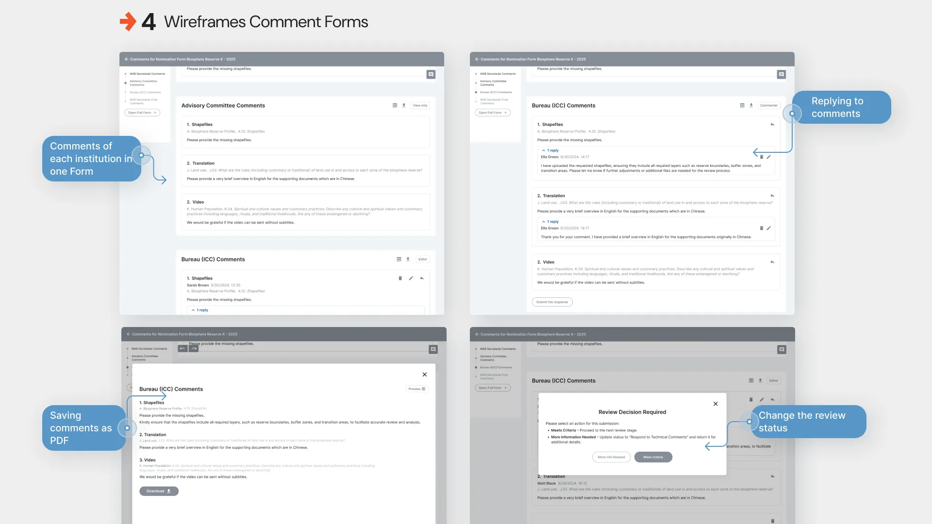 Wireframes, the comment forms: each institution in one form, replies, PDF export and the review decision